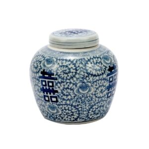 Blue and White Double Happiness Floral Jar