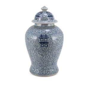 Blue and White Double Happiness Floral Temple Jar