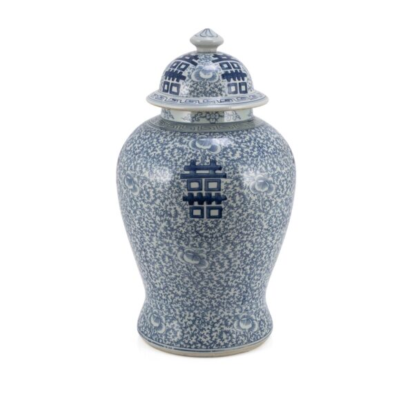Blue and White Double Happiness Floral Temple Jar