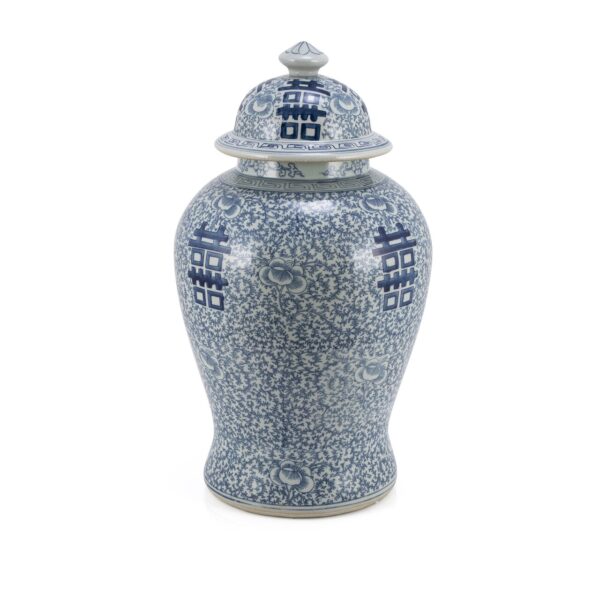 Blue and White Double Happiness Floral Temple Jar - Image 2