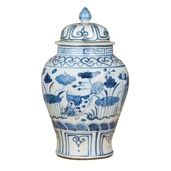 Blue and White Fish Lotus Temple Jar - Image 2