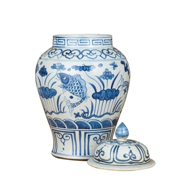 Blue and White Fish Lotus Temple Jar - Image 3