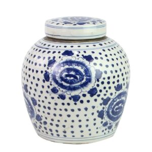 Blue and White Peony Dots Ming Jar